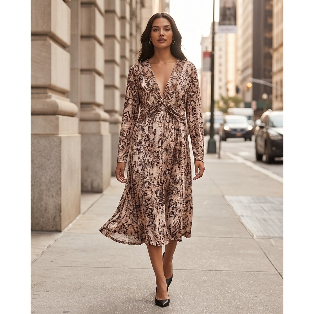 Soma XL Snakeskin Print V-Neck Long Sleeve Twist Front‎ Midi Dress Slinky NEW